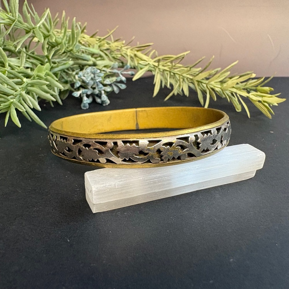 Vintage Brass‎ Bangle | Cutout Filigree | Gold Tone Stackable | Boho Ornate